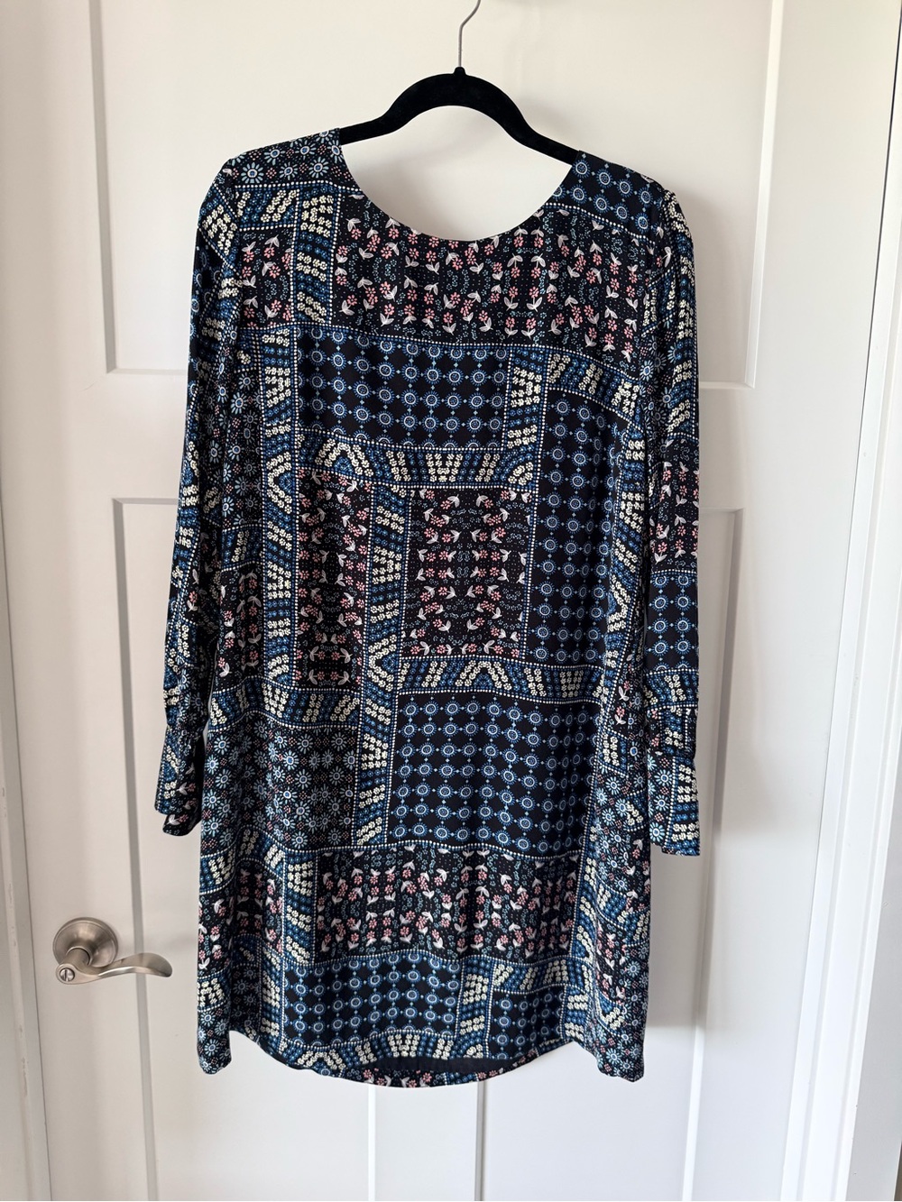 LOFT Navy Blue Patchwork Print Long Sleeve Dress Size 10 - Picture 1 of 5